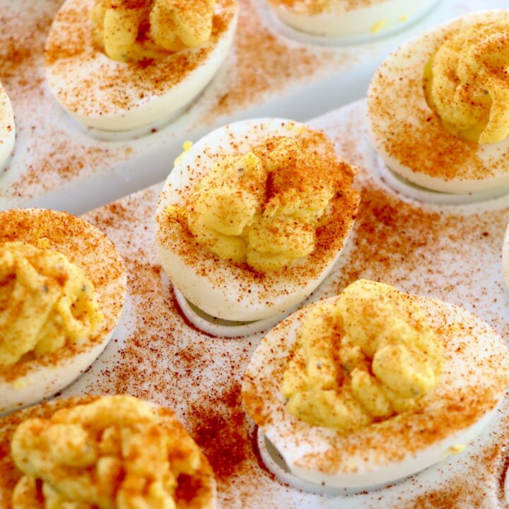 Tangy Deviled Eggs on a tray
