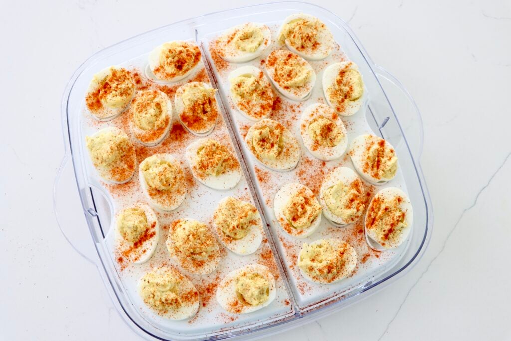 Tangy Deviled Eggs on a tray