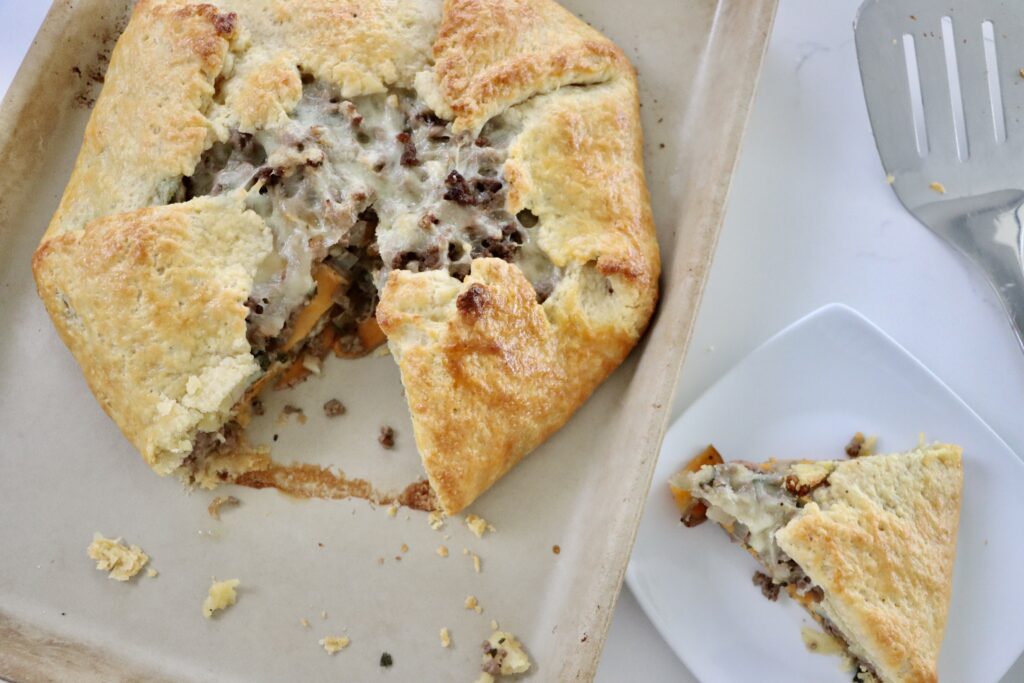 Beef Sweet Potato Sage Galette on a baking sheet