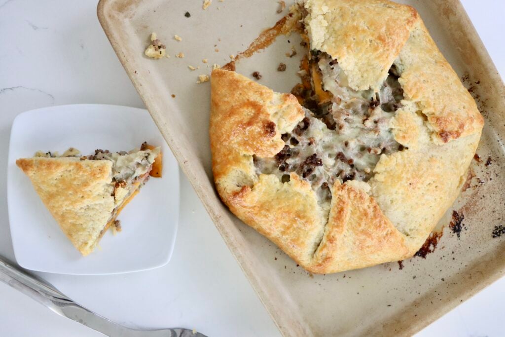 Beef Sweet Potato Sage Galette on a baking sheet