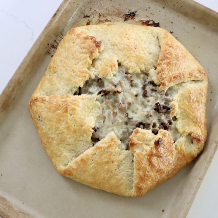 Beef Sweet Potato Sage Galette on a baking sheet