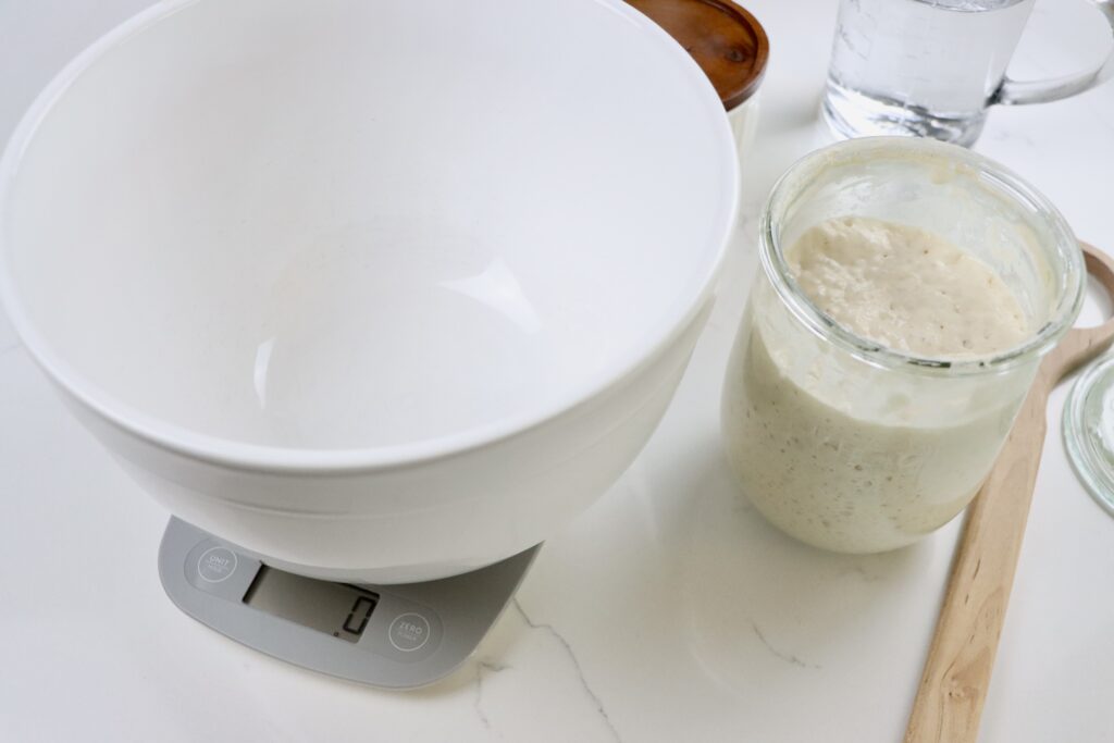 Sourdough Starter with a bowl on a scale