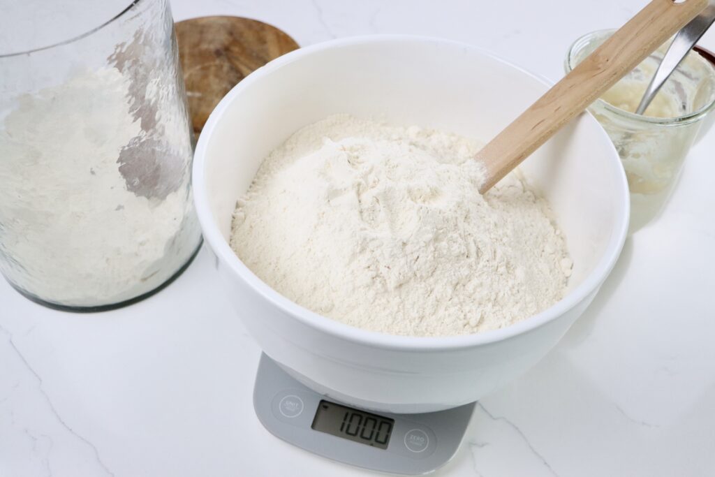 Sourdough Bread Flour measured out on a kitchen scale