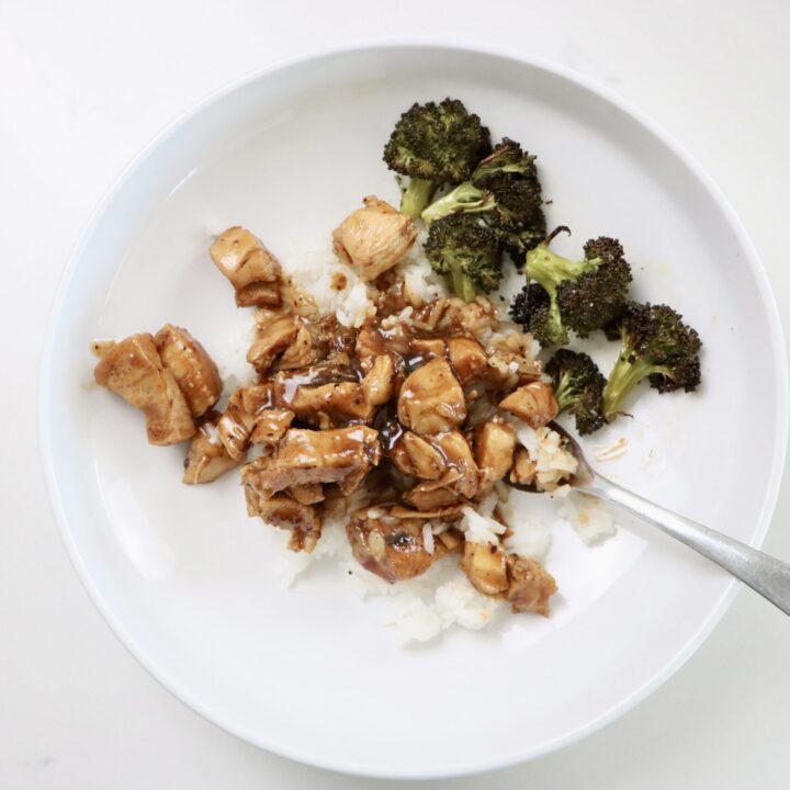 Teriyaki Chicken with Jasmine Rice and Roasted Broccoli in a white bowl