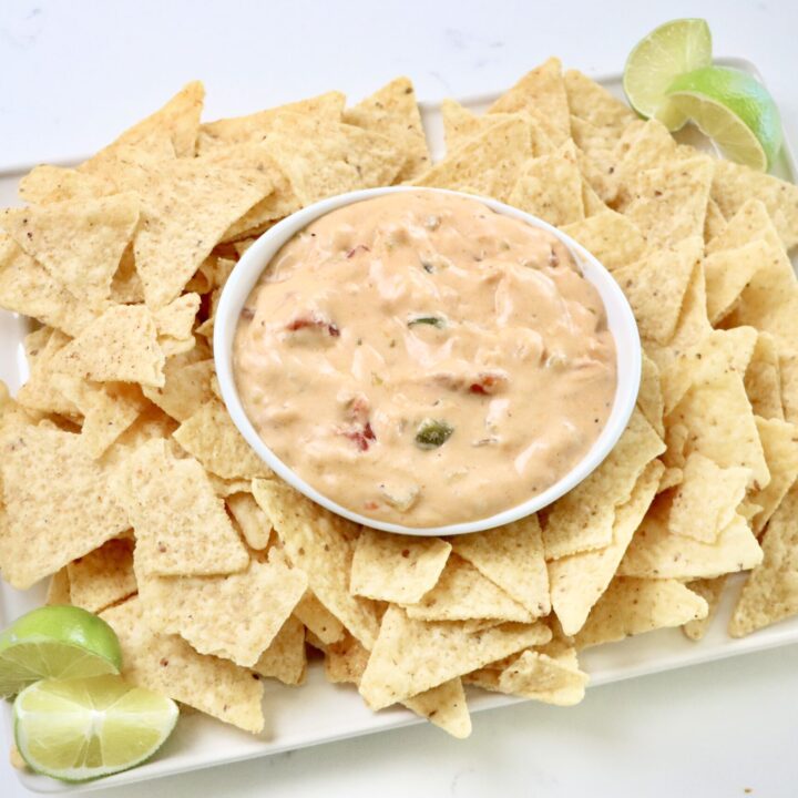 Homemade Queso in a bowl surrounded by tortilla chips