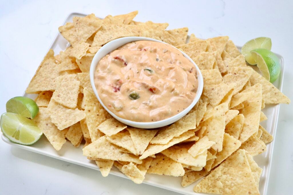 Homemade Queso in a bowl surrounded by tortilla chips