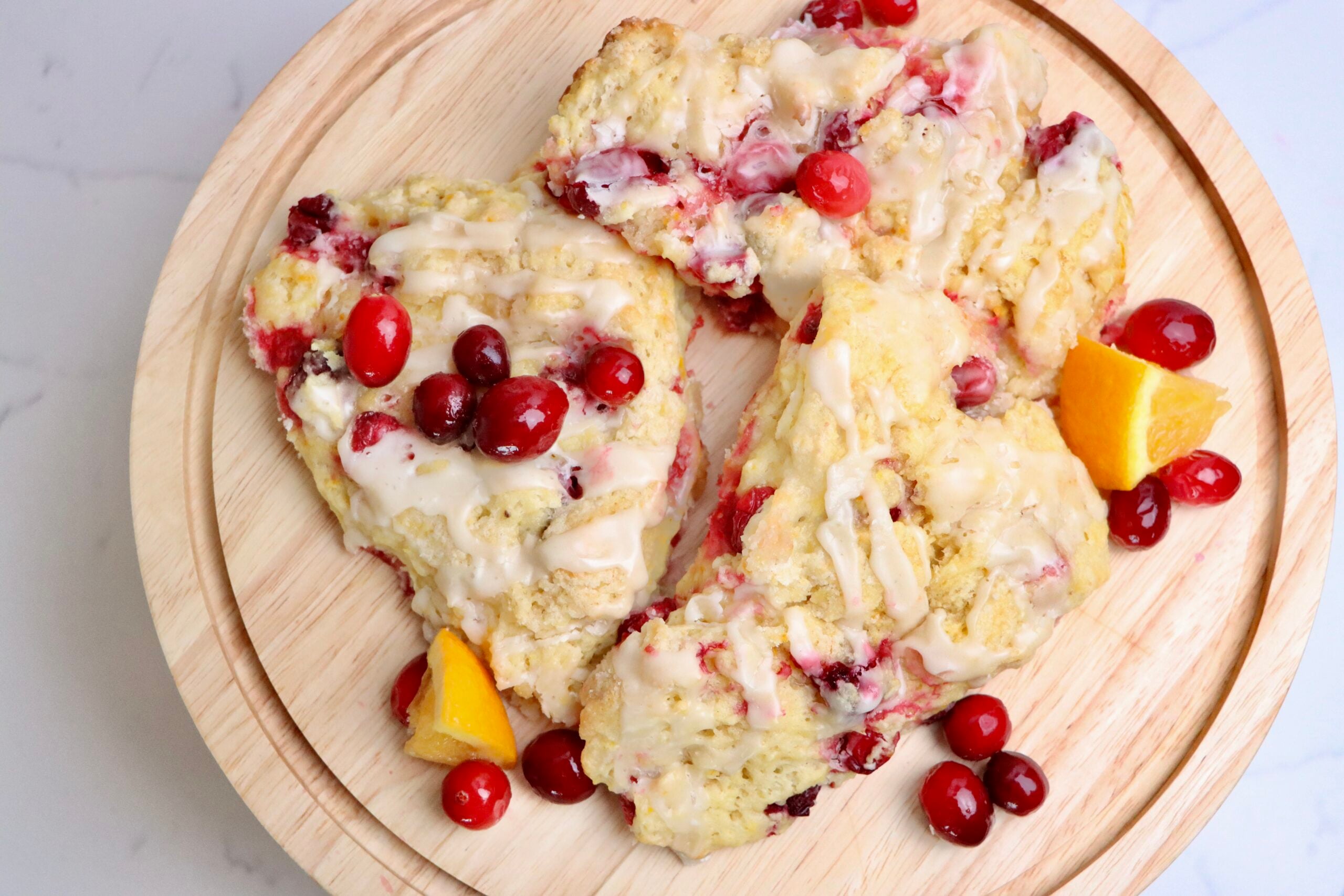 Sourdough Cranberry Orange Scones on a cake tray