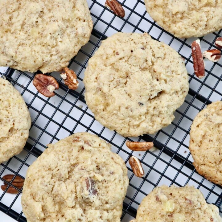 Pineapple Pecan Cookies on a cooling rack.