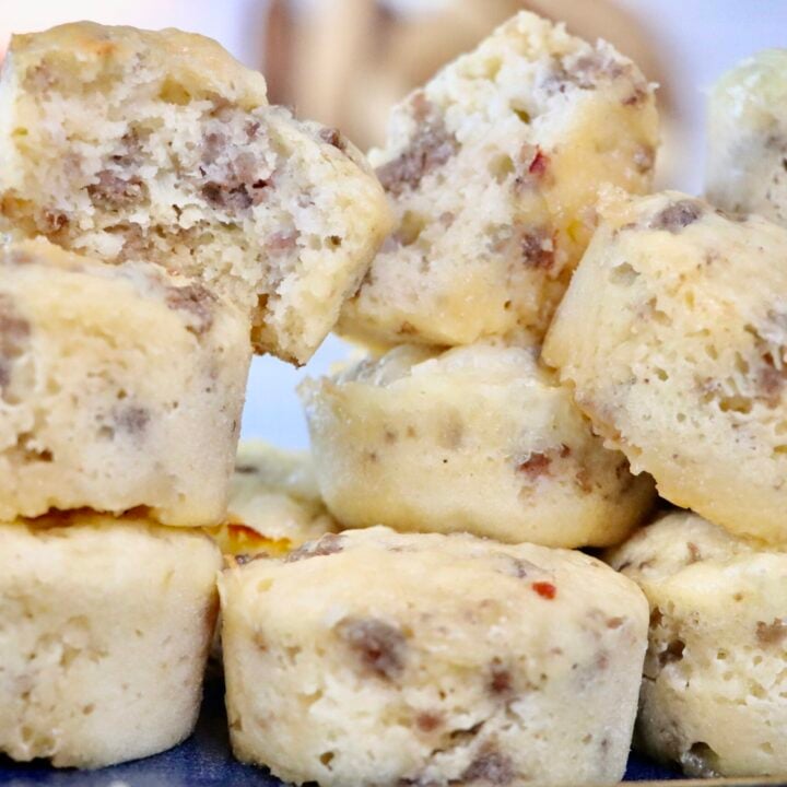 Sourdough Sausage Pancake Bites stacked on top of each other.