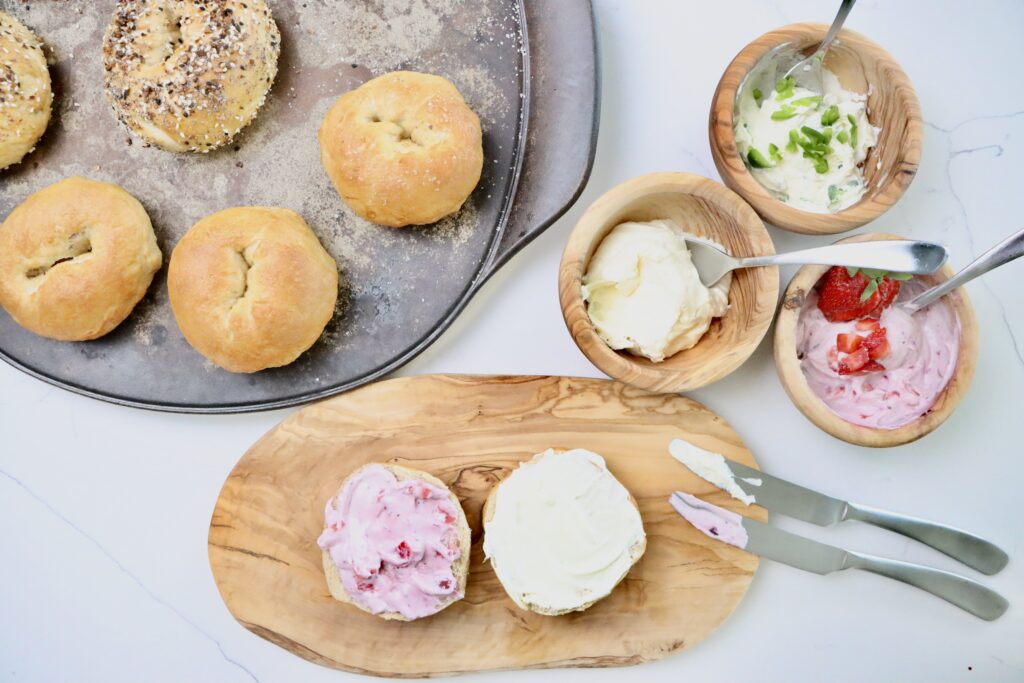 Light and fluffy homemade whipped cream cheese in a white bowl, perfect for bagels and toast