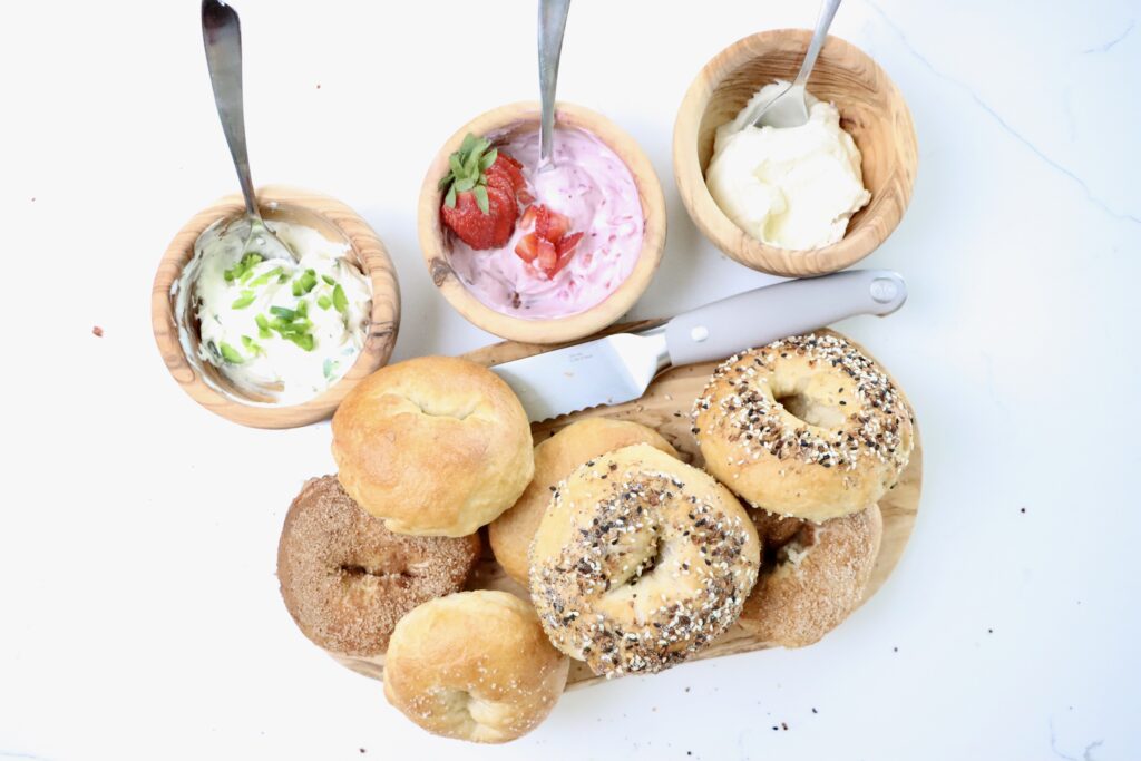 Light and fluffy homemade whipped cream cheese in a white bowl, perfect for bagels and toast