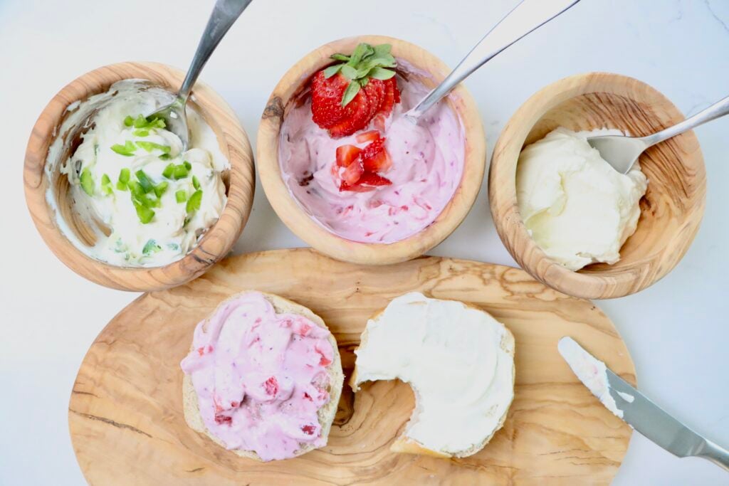 Light and fluffy homemade whipped cream cheese in a white bowl, perfect for bagels and toast
