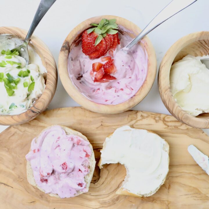 Light and fluffy homemade whipped cream cheese in a white bowl, perfect for bagels and toast