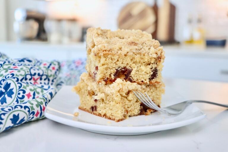 Homemade date coffee cake with chopped dates and soft tender crumb, fresh from the oven.