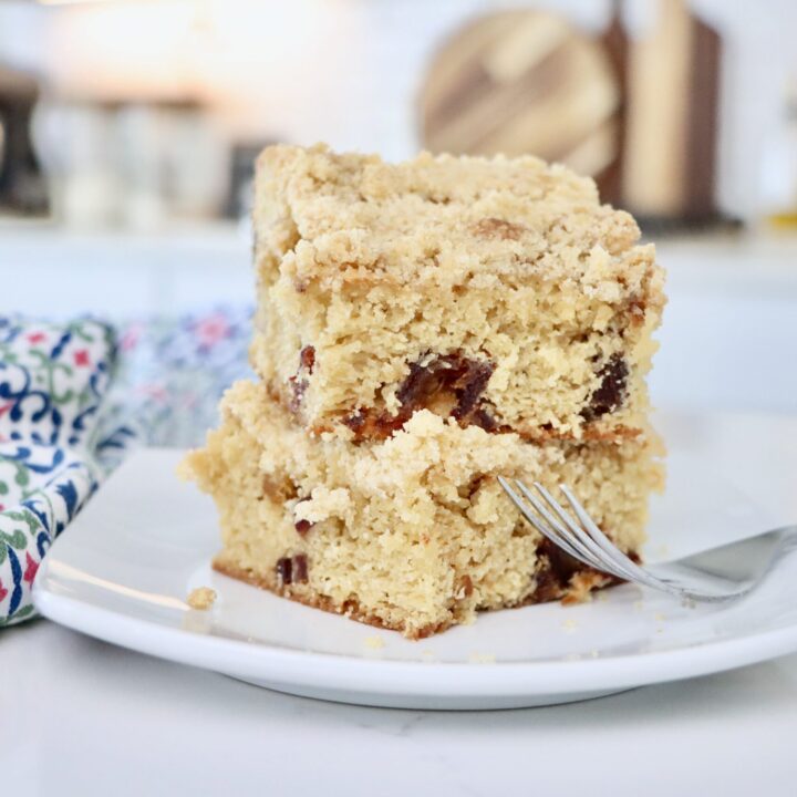 Homemade date coffee cake with chopped dates and soft tender crumb, fresh from the oven.