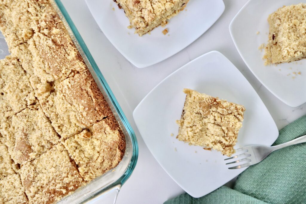 Homemade date coffee cake with chopped dates and soft tender crumb, fresh from the oven.