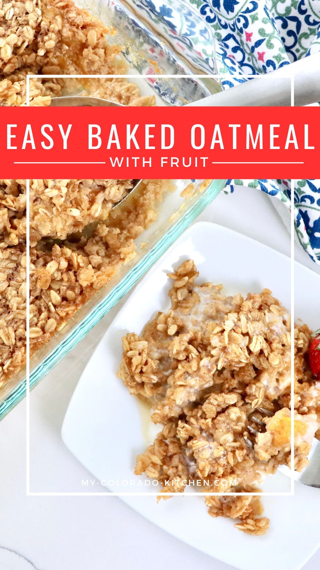 Healthy homemade baked oatmeal with peaches and Greek yogurt, served for family breakfast