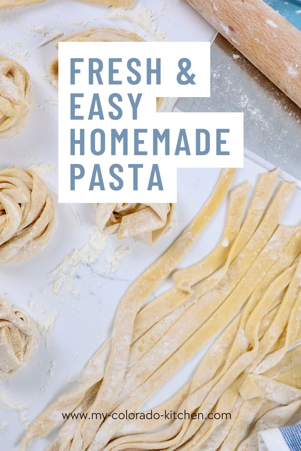 Fresh pasta being cut into fettuccine noodles by hand on a floured countertop, from scratch at home.
