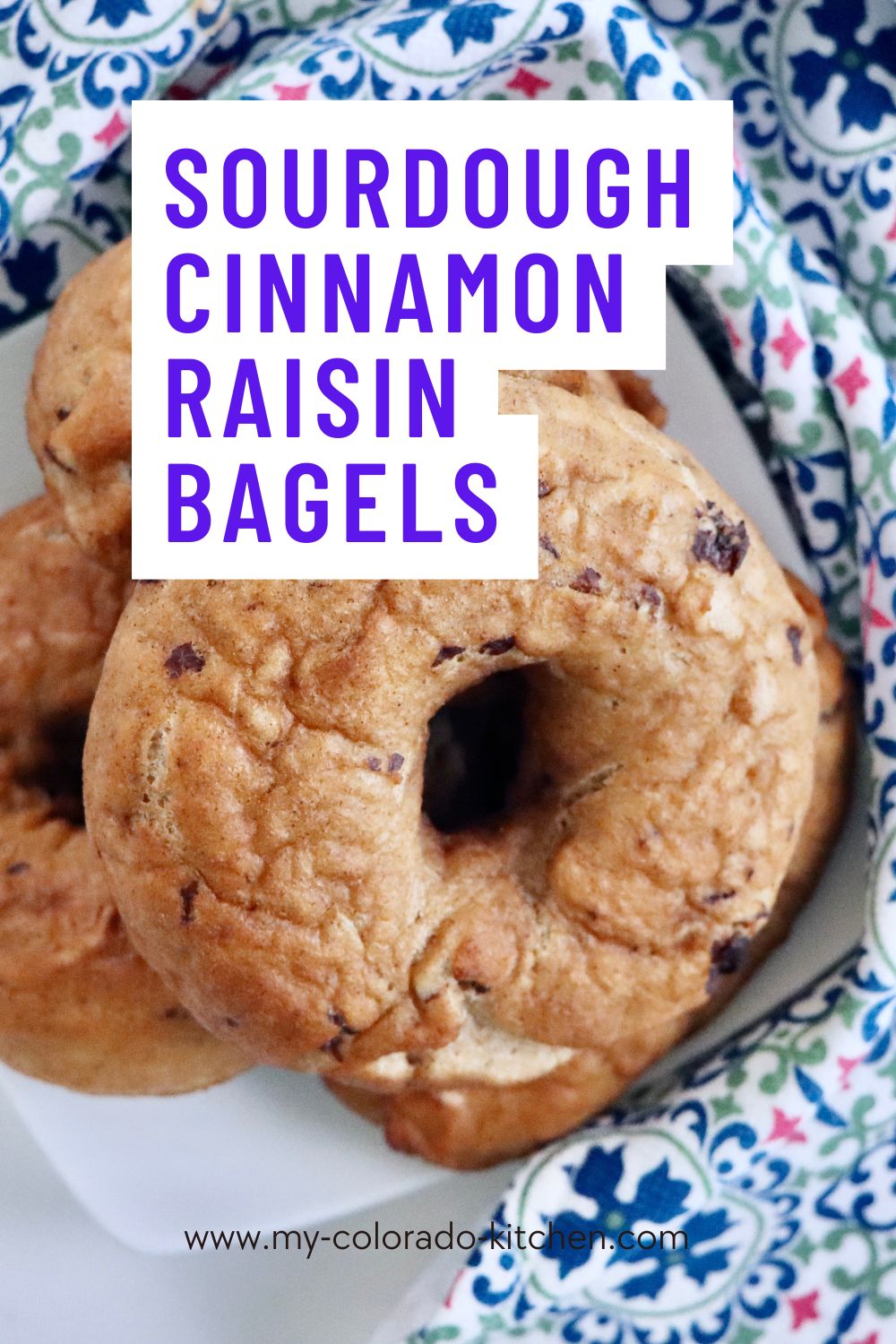 Stack of homemade sourdough cinnamon raisin bagels with a glossy bakery-style crust on a kitchen counter.