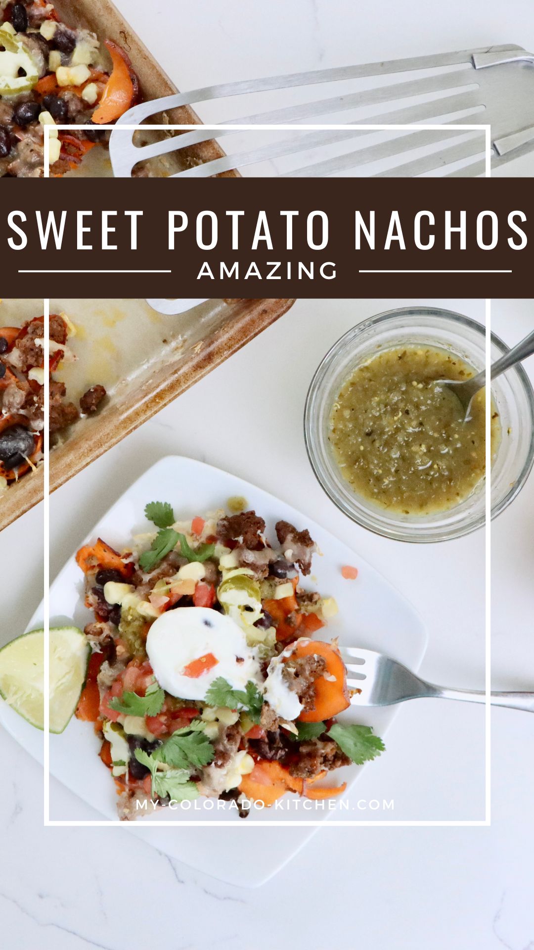Sheet pan sweet potato nachos with melted cheddar, seasoned ground beef, black beans, corn, and fresh toppings