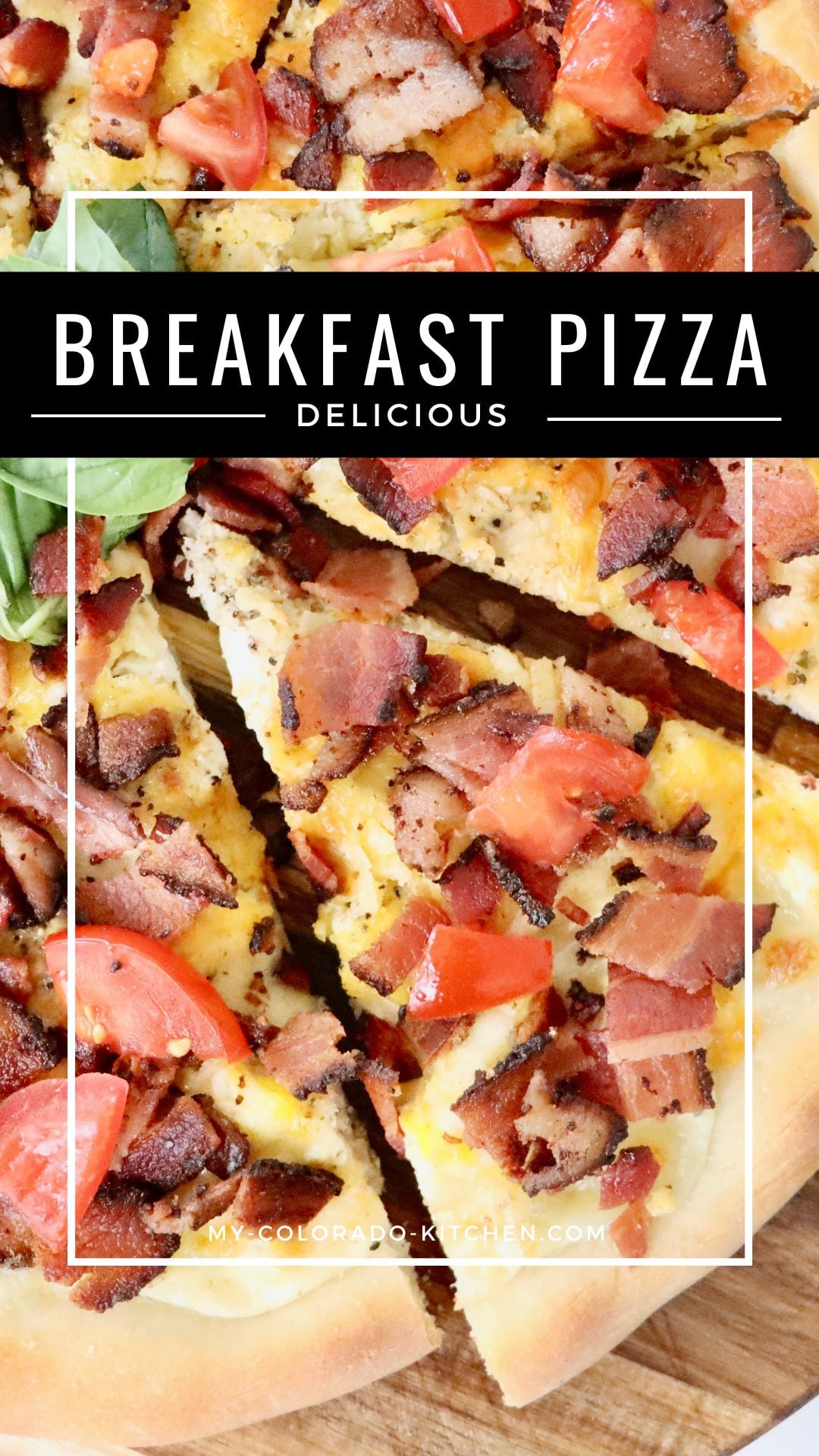 Homemade breakfast pizza baked on sourdough crust with eggs, crispy bacon, and melted cheese
