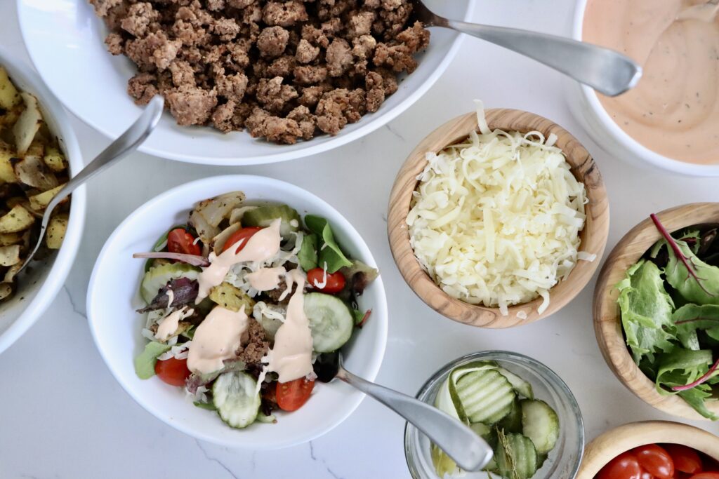 Easy from scratch burger bowls served for a simple real food family dinner