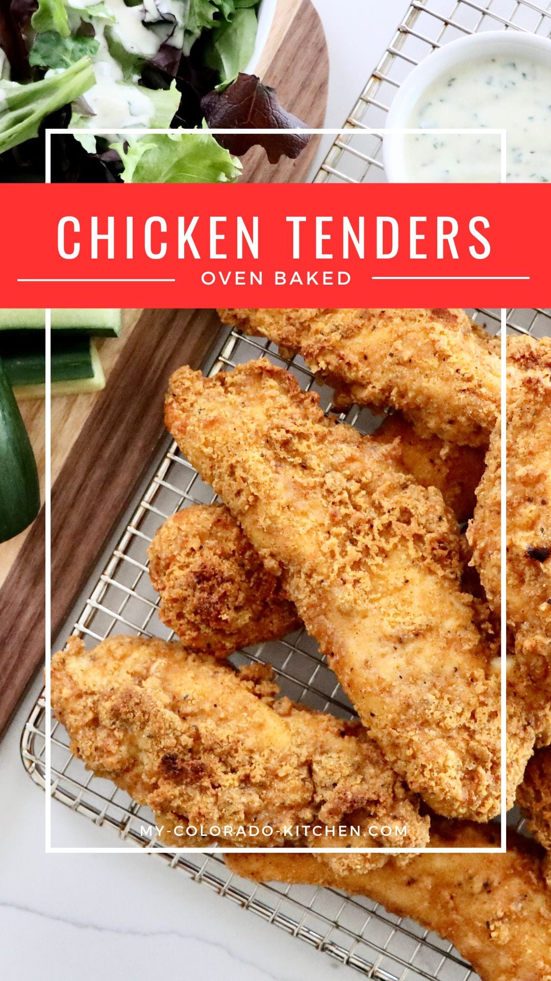Close up of crispy baked chicken tenders showing the crunchy coating.