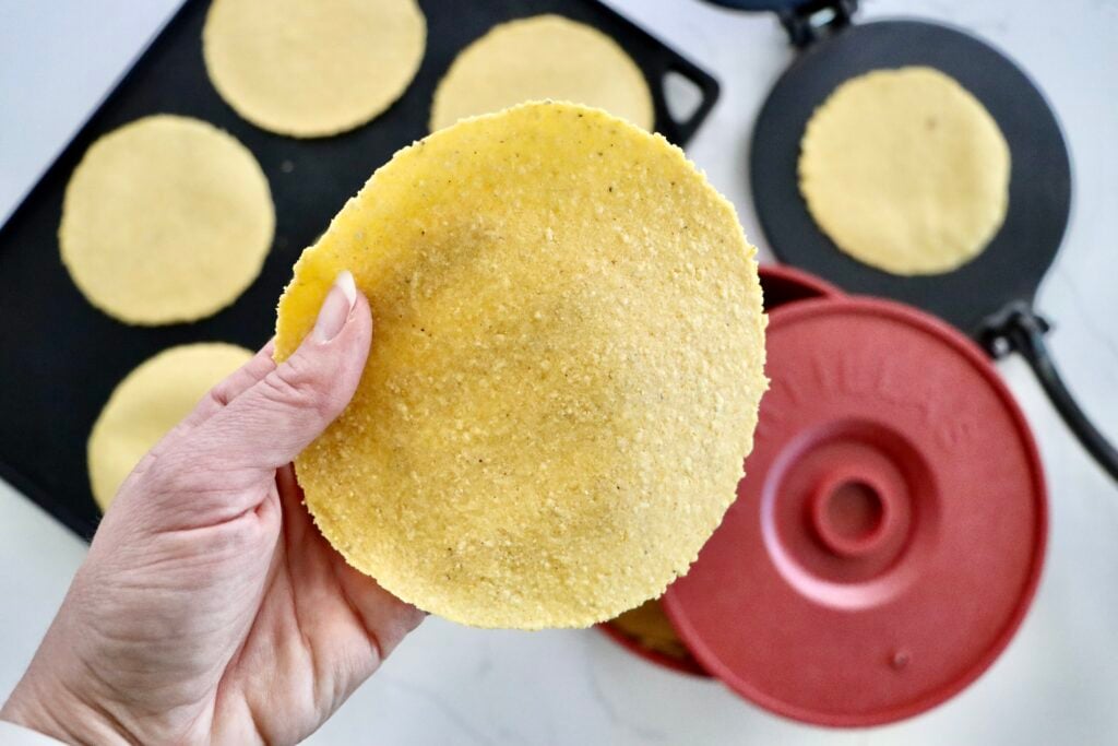Fresh corn tortillas made from scratch with masa harina, water, and salt