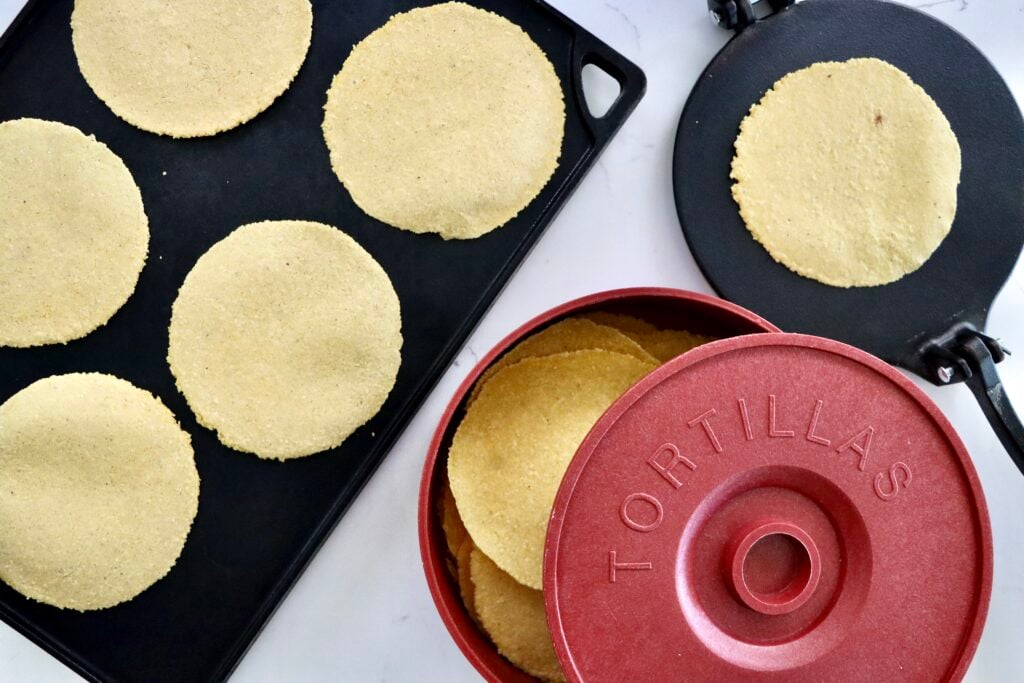 Fresh corn tortillas made from scratch with masa harina, water, and salt