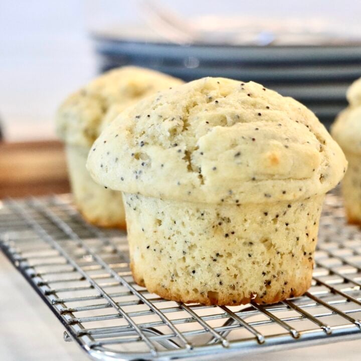 Sourdough discard poppy seed muffins with tall bakery-style tops, soft and fluffy texture, made from scratch with real ingredients