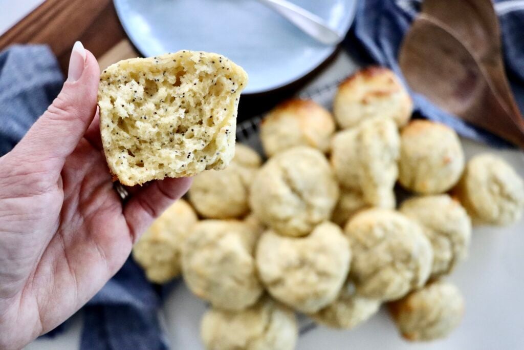 Sourdough discard poppy seed muffins with tall bakery-style tops, soft and fluffy texture, made from scratch with real ingredients