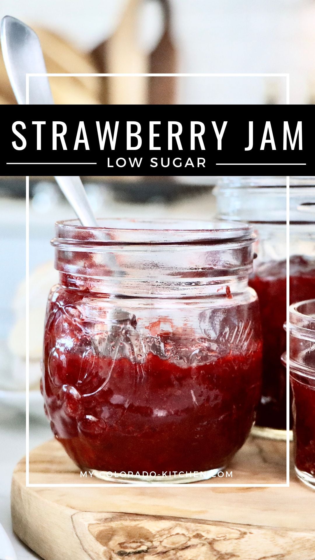 Small batch strawberry jam in jars made without pectin, rich red color and glossy finish