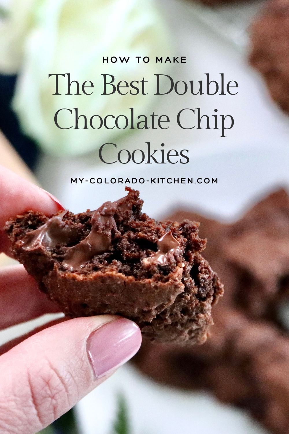 Close-up of a chocolate chocolate chip cookie broken in half showing a soft, fudgy center