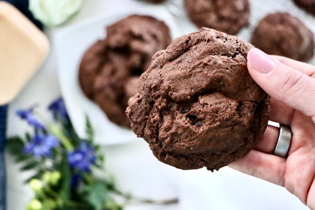 Thick chocolate chocolate chip cookies with rich chocolate dough and gooey centers
