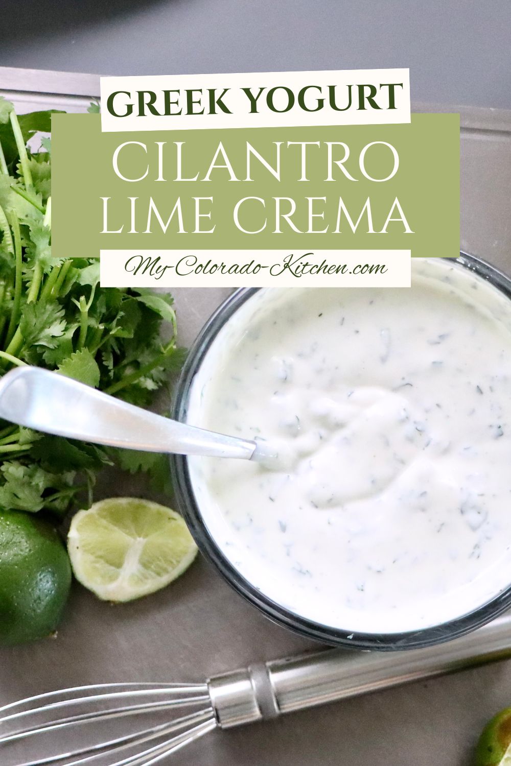 Healthy cilantro lime crema sauce drizzled over tacos, made with Greek yogurt for a lighter, protein-rich alternative to sour cream.