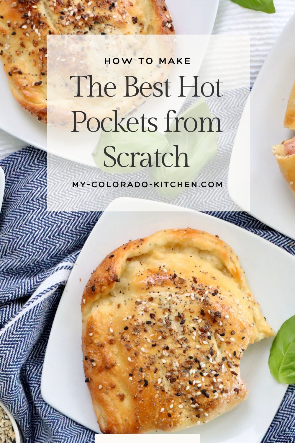 From-scratch ham and cheese hot pockets made with sourdough dough, served warm and golden brown on a plate.