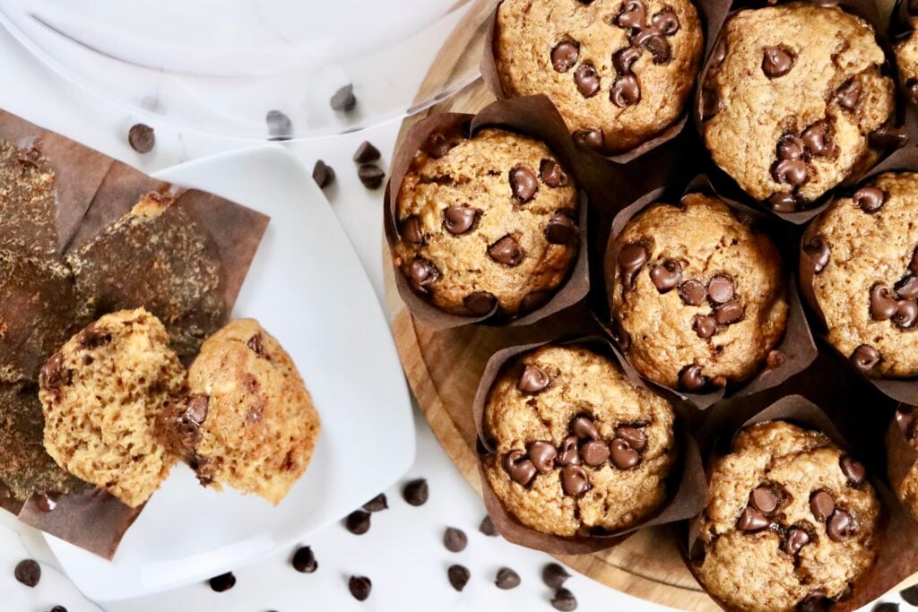 Bakery-style banana muffins made at home with sourdough discard and simple ingredients.