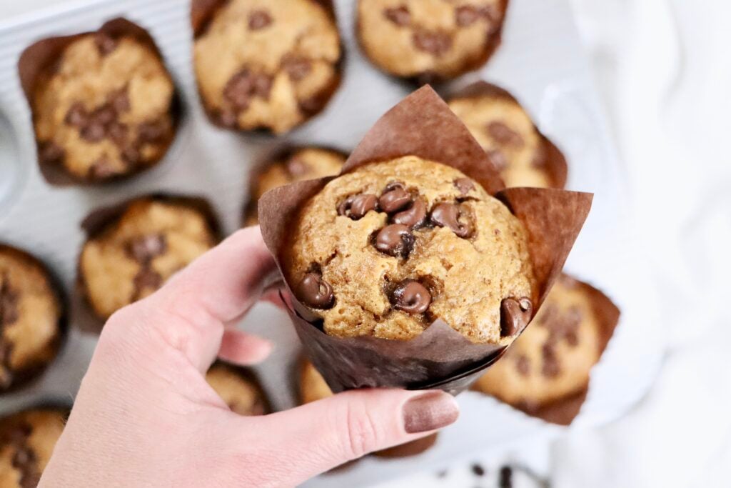 Homemade sourdough banana muffins with a golden bakery-style top and chocolate chips.
