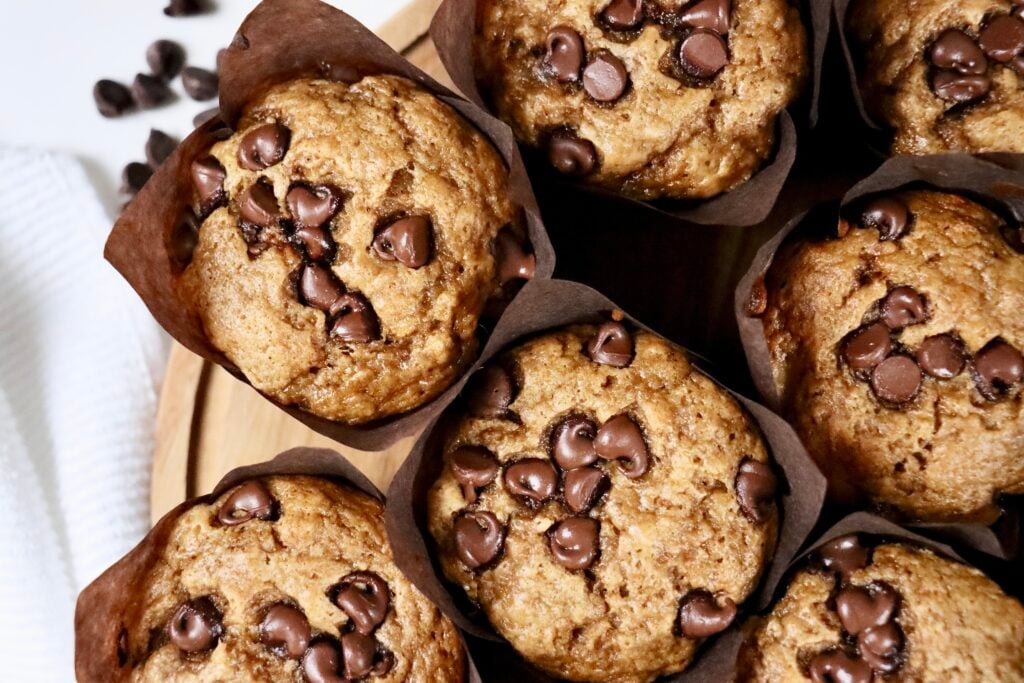 Close-up of moist banana muffins made with sourdough discard and real ingredients.
