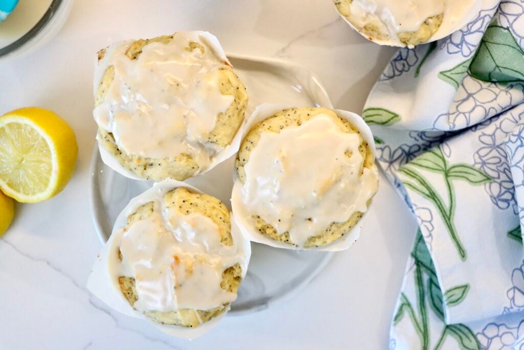 Sourdough lemon poppy seed muffins with lemon glaze, soft and moist with fresh lemon flavor