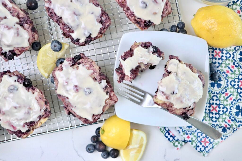 Bakery-style blueberry lemon bread made from scratch with frozen blueberries and Greek yogurt.