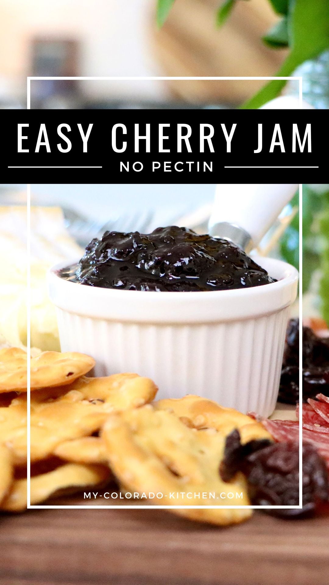 Homemade cherry jam in white dish on charcuterie board made from scratch with fresh cherries, simple small batch recipe with no pectin