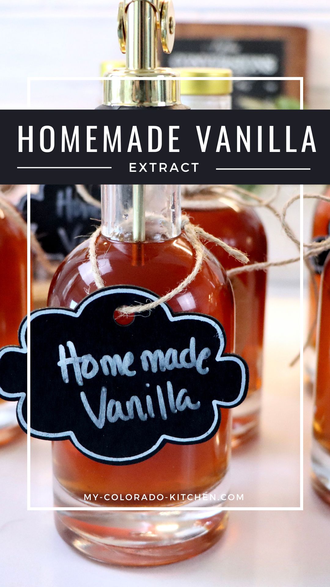 Homemade vanilla extract made with vodka and whole vanilla beans in a glass bottle, simple DIY pantry staple recipe.