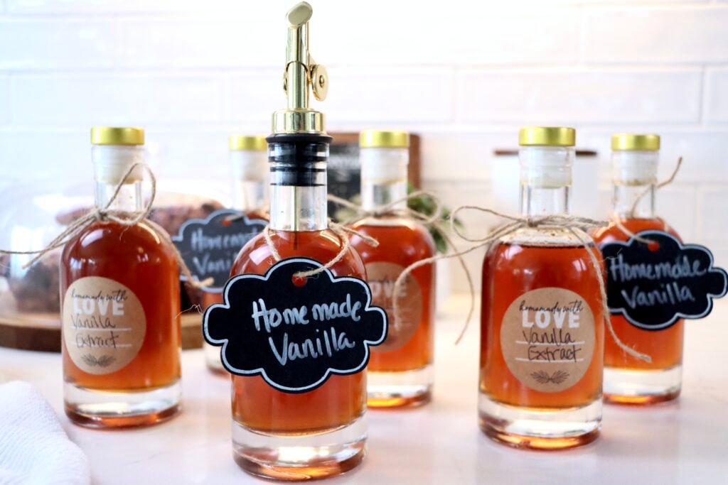 Homemade vanilla extract for baking made with real vanilla beans and vodka, simple DIY kitchen recipe.