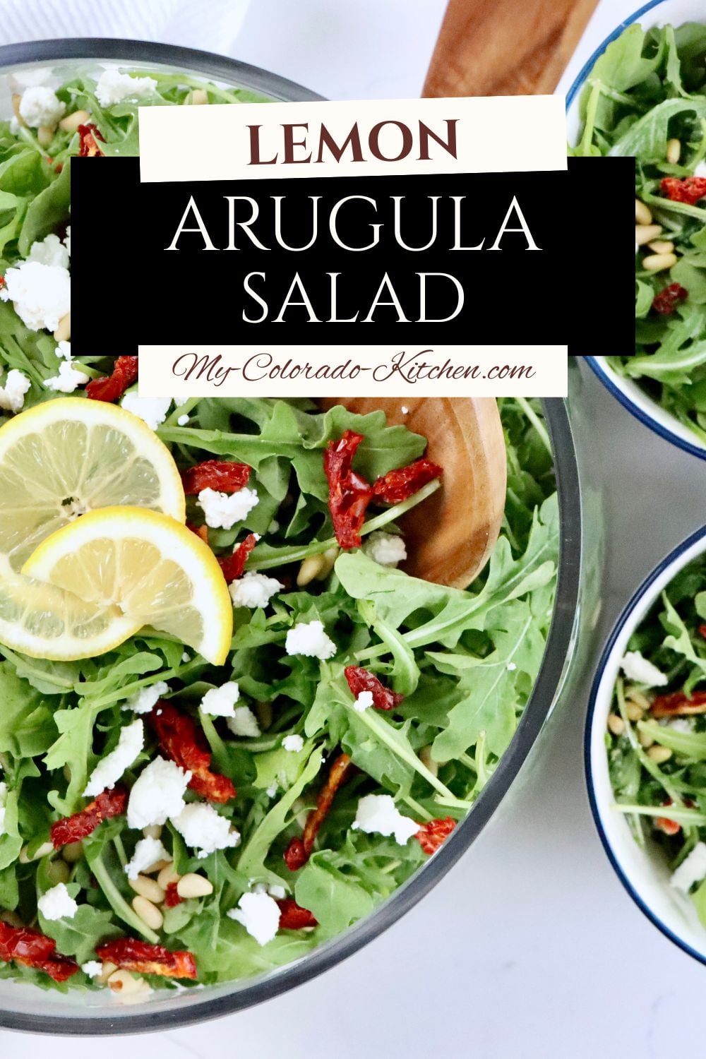 Fresh arugula salad topped with sundried tomatoes, pine nuts, and crumbled goat cheese for a quick healthy meal.