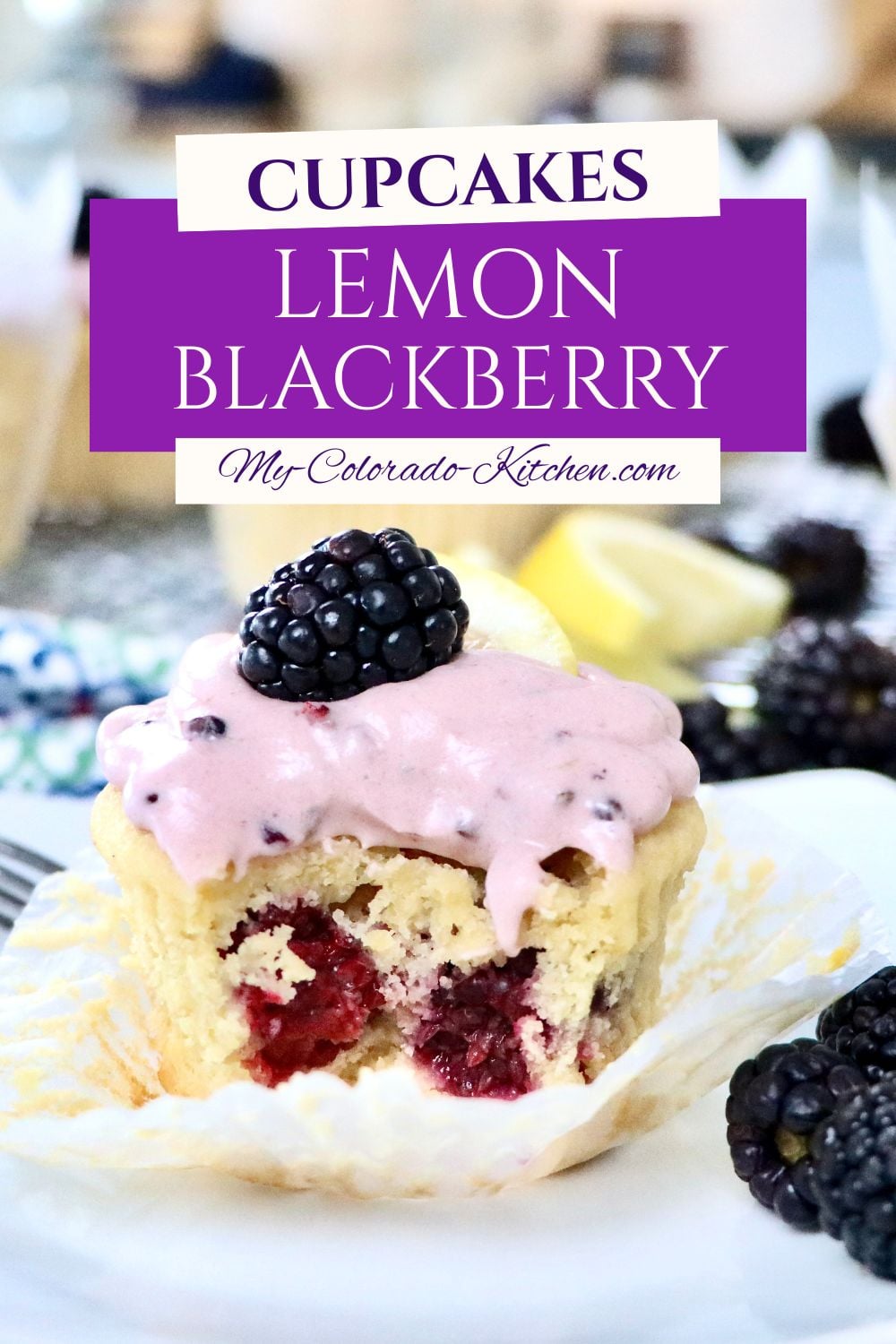 Soft and moist lemon blackberry cupcakes made from scratch with fresh lemon zest and juicy blackberries.