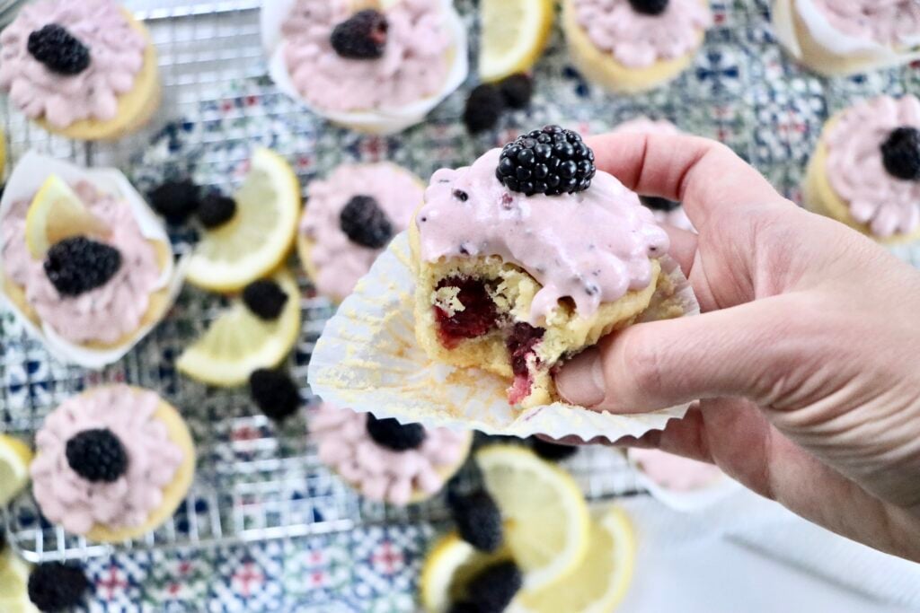Soft and moist lemon blackberry cupcakes made from scratch with fresh lemon zest and juicy blackberries.