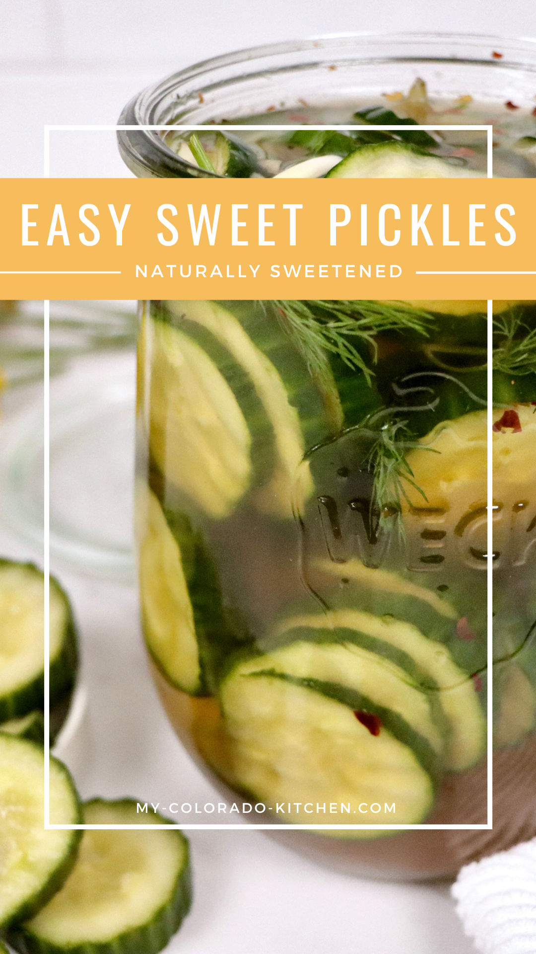 Homemade refrigerator sweet pickles packed in a mason jar with visible cucumbers, garlic, and herbs.