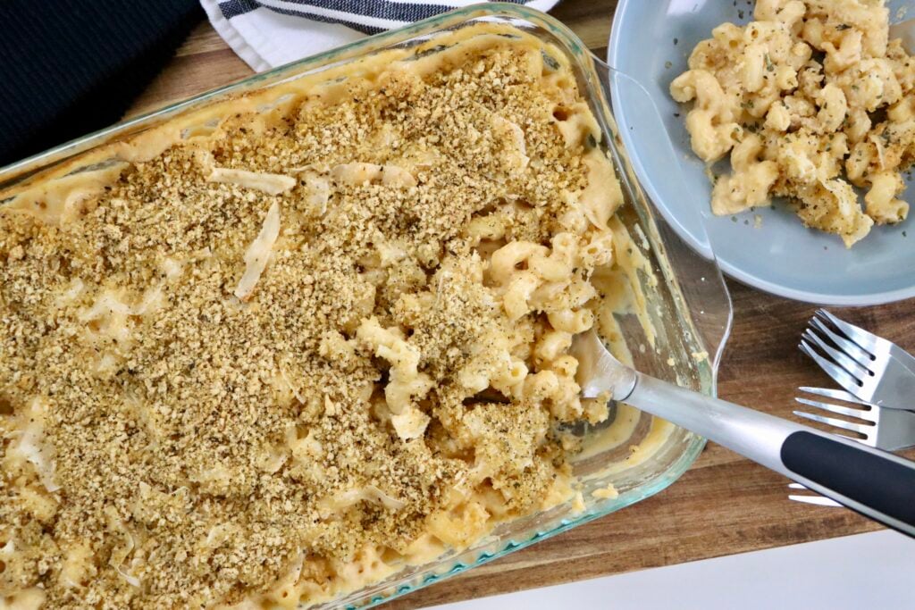 Family-style baked mac and cheese casserole with a golden Parmesan breadcrumb crust.