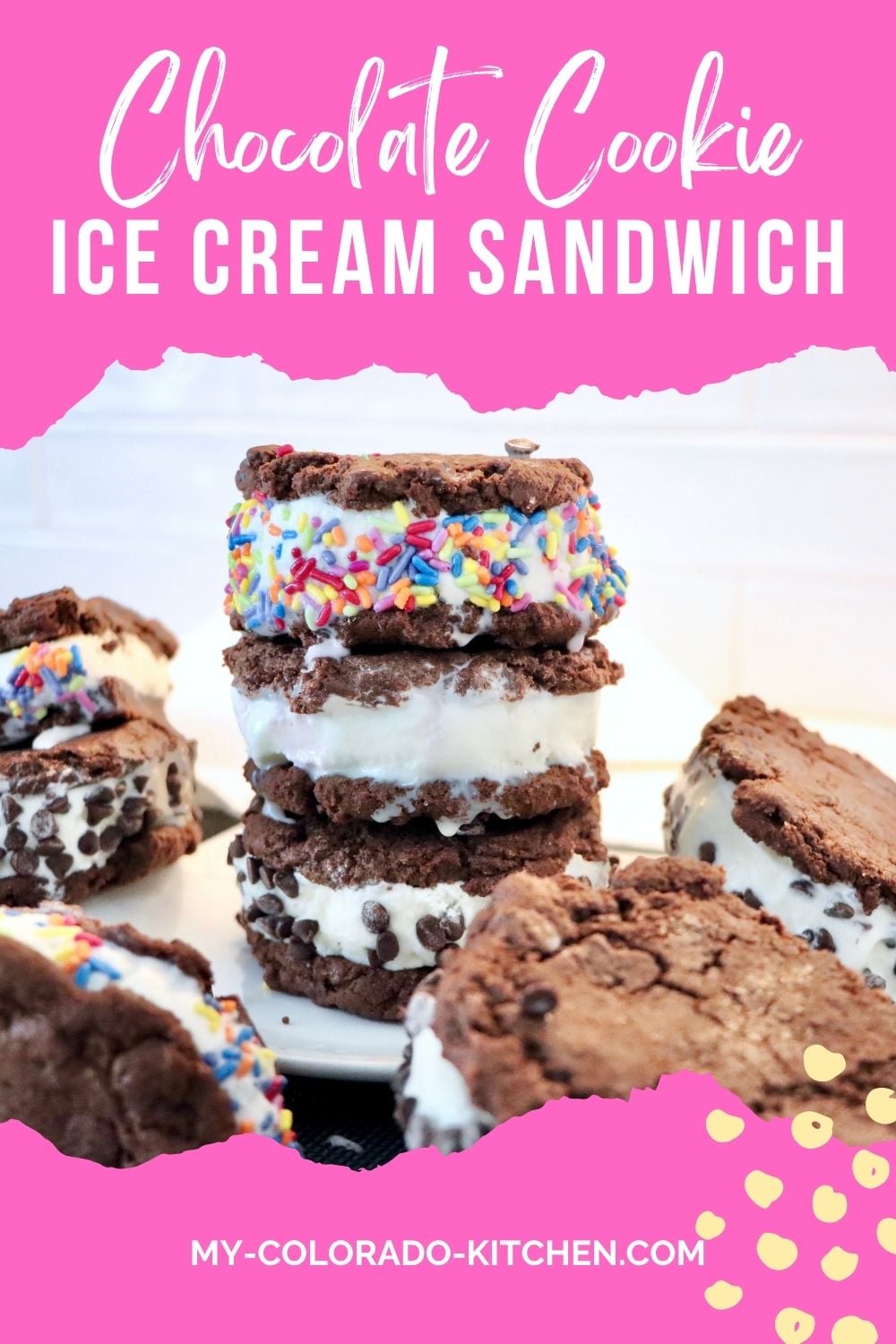 Homemade chewy chocolate cookie ice cream sandwiches stacked with creamy vanilla ice cream and rolled in mini chocolate chips